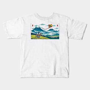 Vintage Japanese Art Kite Flying Mountain Mt. Fuji Cute Cat Kids T-Shirt